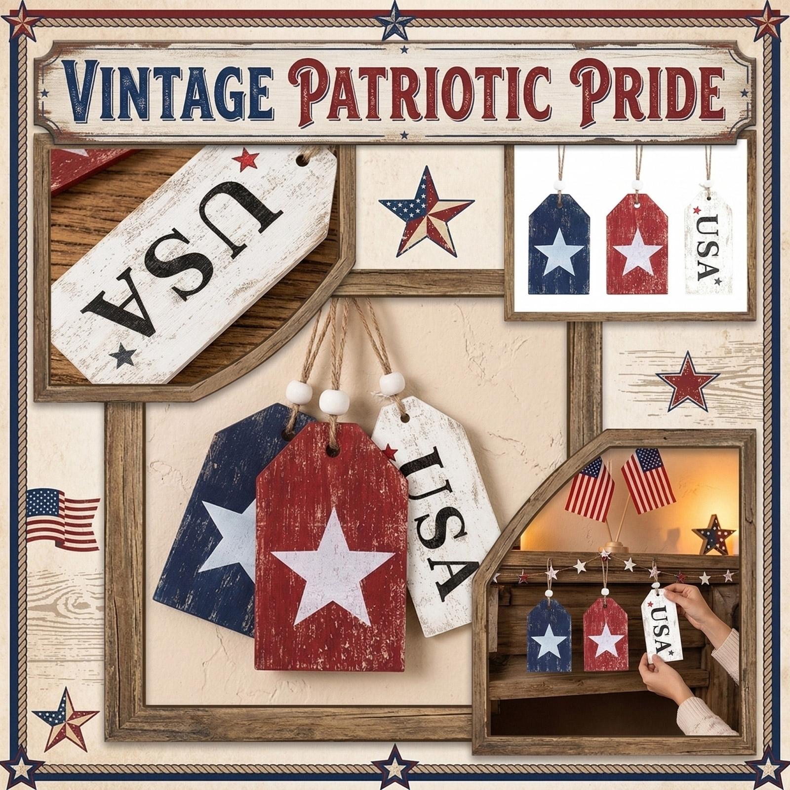 

2D Independence Day Decoration 3-piece Flag Retro Wooden Pendant Party Decoration Pendant One Size
