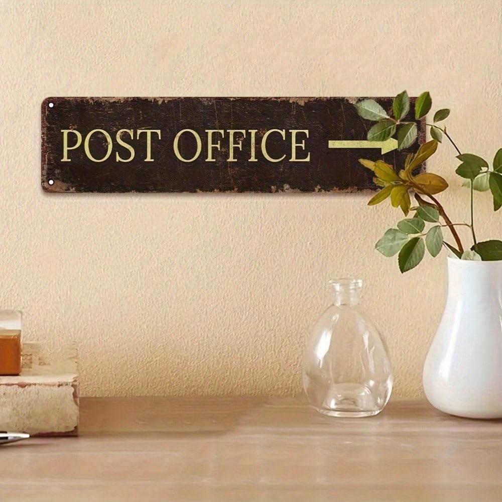 Vintage Metal Post Office Sign – Rustic Arrow Plaque, Gold Lettering, Weathered Retro Wall Decor for Cafe