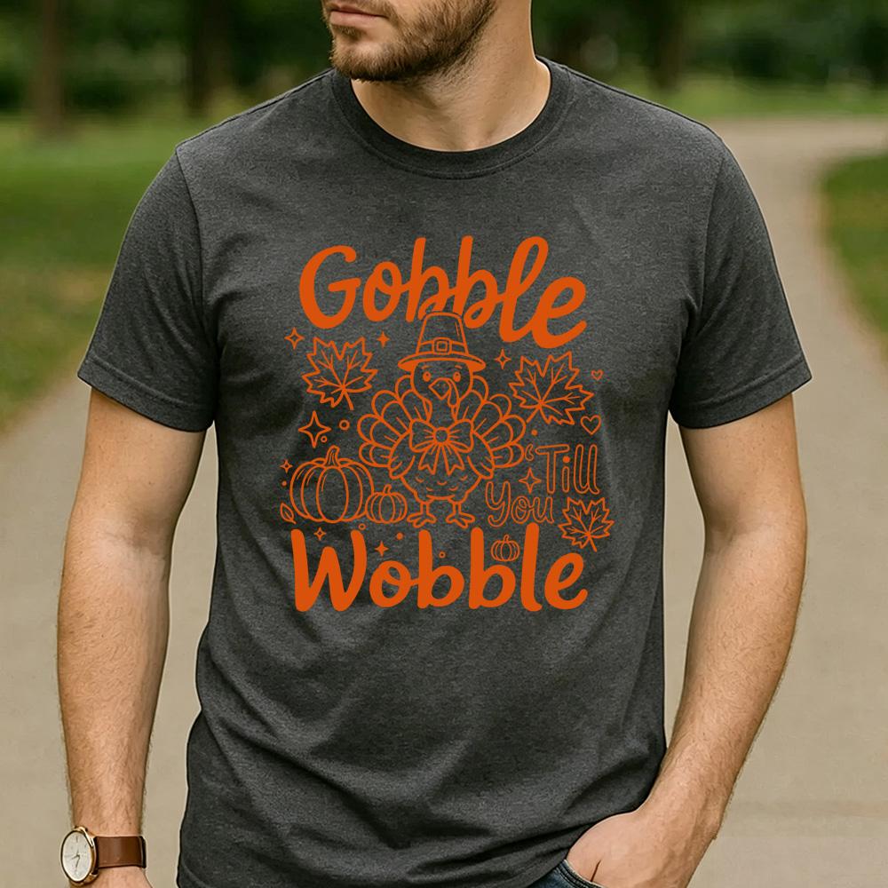 Gobble Till You Wobble Line Art Pilgrim Turkey Pumpkin Maple Leaf Graphic T Shirt Unisex Cotton Funny Thanksgiving Casual Tee