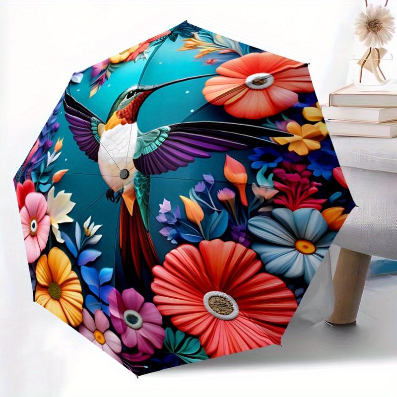 1pc Hummingbird Flowers Automatic Open/close, Heavy-Duty Iron Frame & 8-Rib Structure, Compact Folding Umbrella for Women/Men, All-Season Travel, Hall