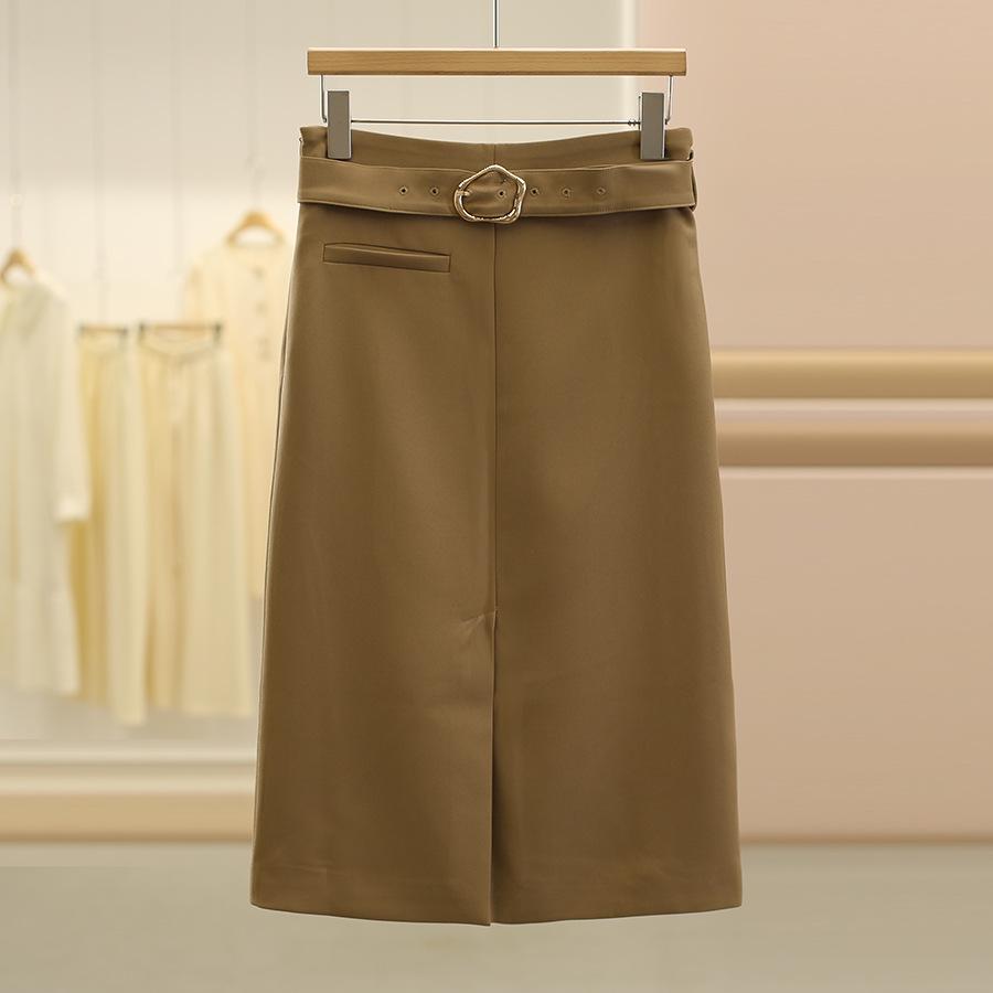 

[О ткани] Закрытие фирменного прилавка: Миди-юбка с завышенной талией, поясом, облегающая бедра, стройнящая, для осени Large хаки