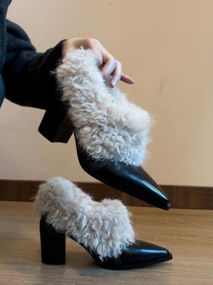 

Продвинутые остроносые маленькие кожаные туфли 2025 зима женские новые пушистые туфли на одной педали на высоком каблуке толстый бархат теплые хлопковые туфли 40 чёрный