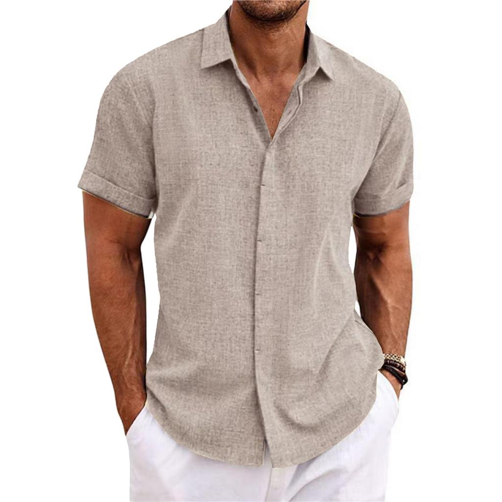 Men's Casual -color Loose Short-sleeved T-shirt Shirt - Men's Cotton And Linen Collar Short-sleeved Top