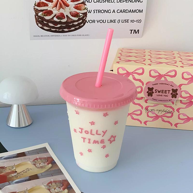 470/700ml Kawaii Water Bottle Coffee Cups Tumbler With Straw Cute Plastic Cold Cups With Lids For Juice Milk Tea Drinking Bottle