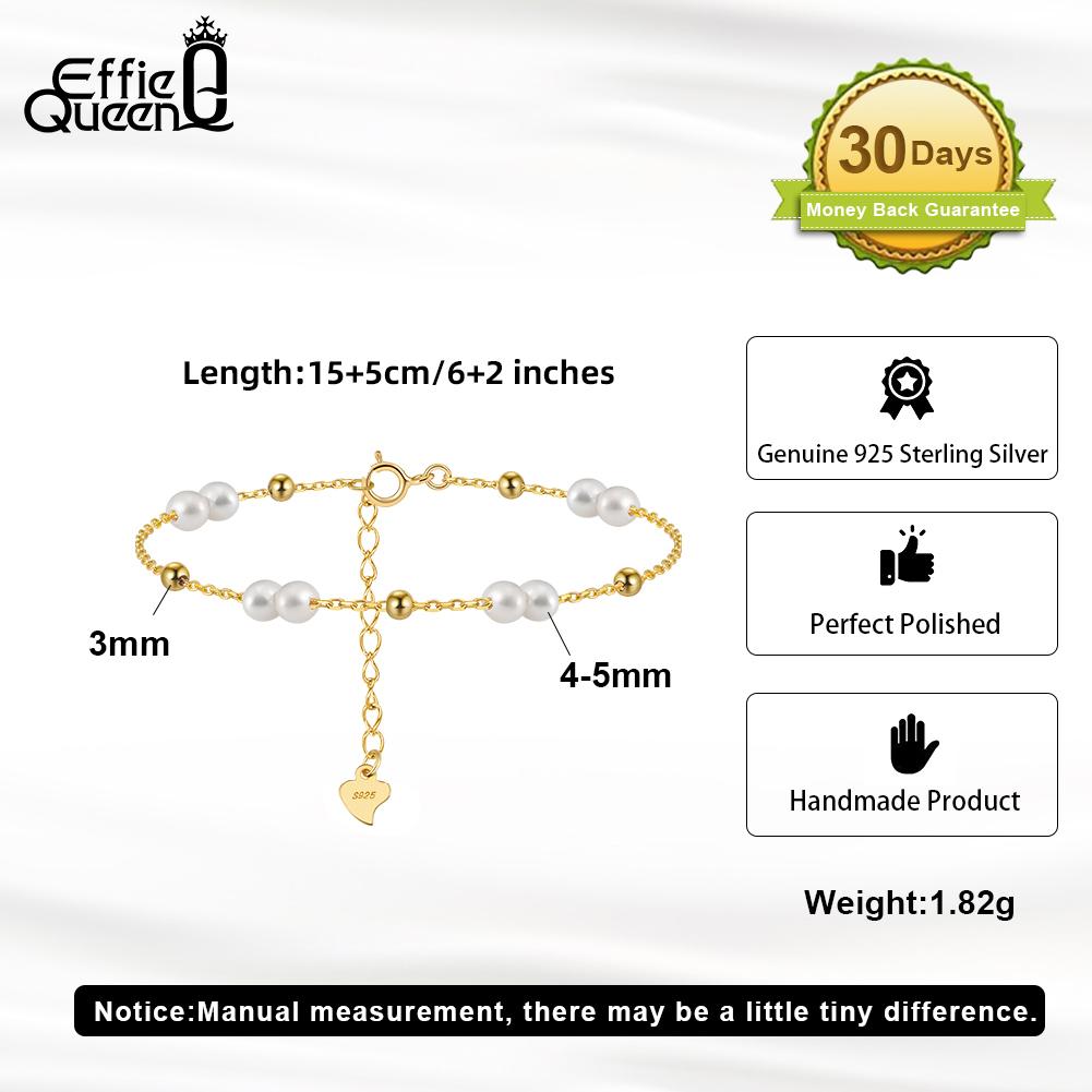 EFFIE QUEEN Genuine 925 Sterling Silver Pearl Bracelet Fashion 3MM Beaded Chain Bracelet Wedding 14K Gold Plated Jewelry GPB40