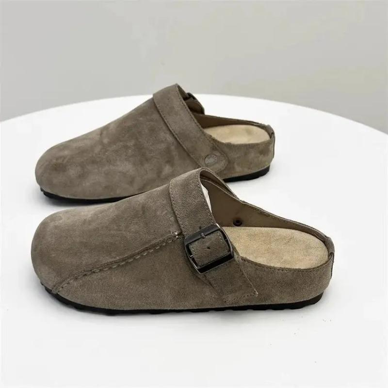 Rubber Slippers Women's Genuine Leather Shoes Med Slides Fashion Shallow Pantofle Luxury Soft 2025 Spring Casual Hoof Heels PU