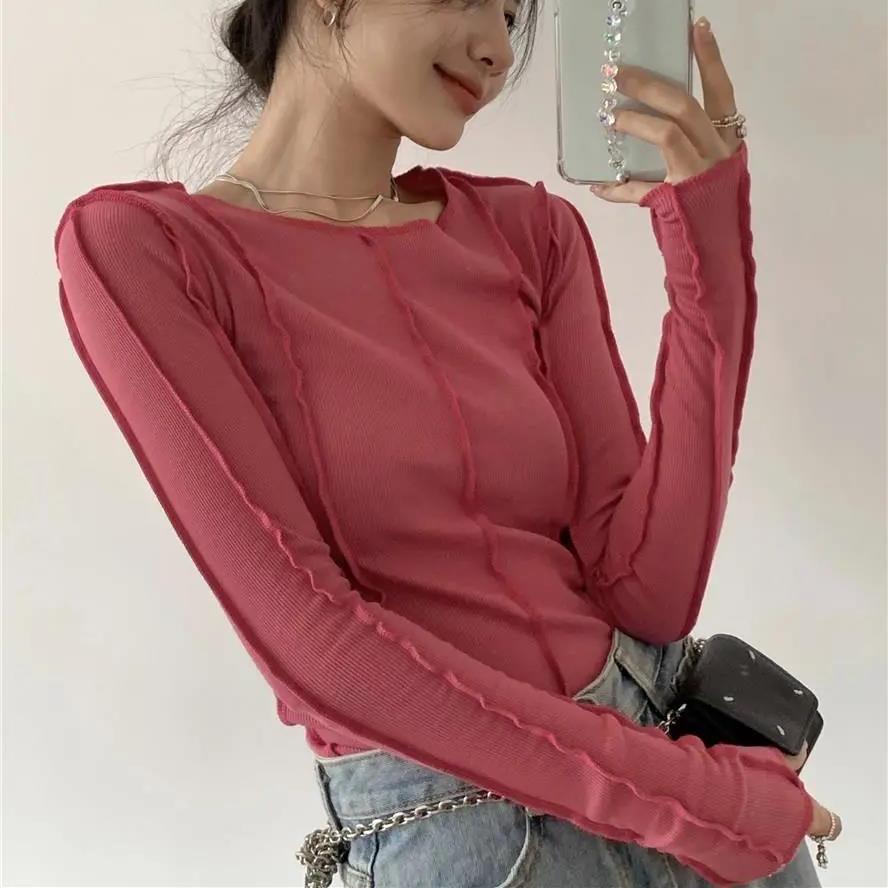 Tricouri cu coaste de modă coreeană Tricouri subțiri cu mâneci lungi șic, haine de designer Kpop, topuri solide, strânse, Y2k