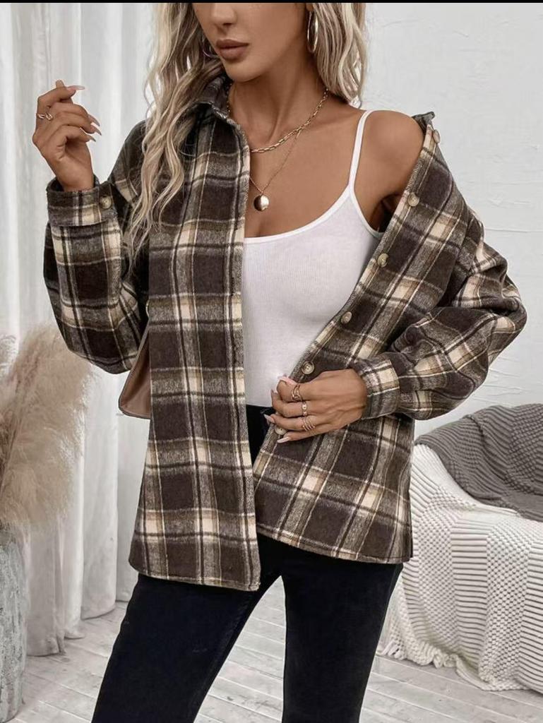 European and American Women's Plaid Turn-Down Collar Loose Casual Fashion Shirt Jacket