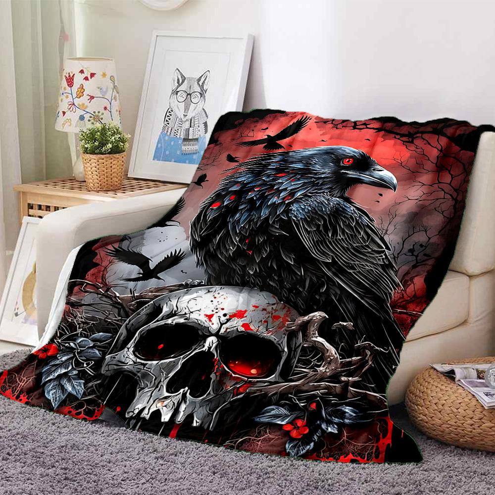 1pc Raven Skull Artwork Blanket, Lightweight Flannel Throw For Sofa, Bed, Travel, Camping, Livingroom, Office, Couch, Chair, And Bed,
