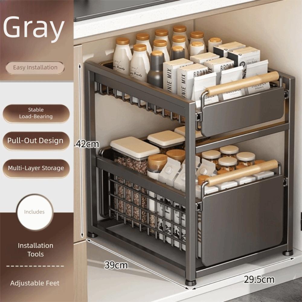 Pull Out Drawer Basket Rack with Wooden Handle Double-layer Under Sink Rack Organizer Sliding Kitchen Storage Rack