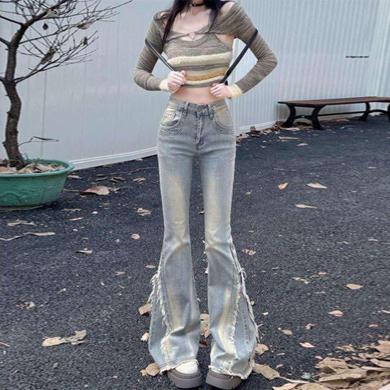Women s Retro High-Waisted Micro-Flare Patchwork Jeans with Frayed Hem 2XL
