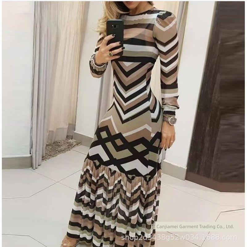 

Women Autumn Winter Striped Print Dress Light brown XL