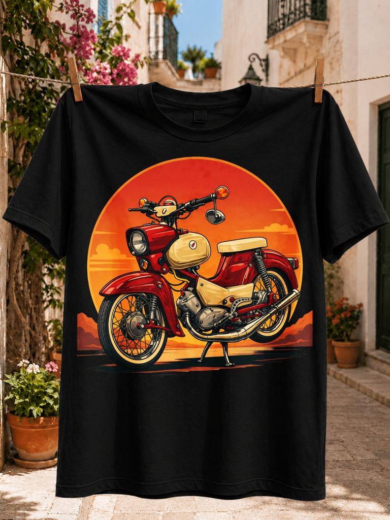 Classic Red And Cream Step Through Motorcyclechrome Details Spoked Wheels And Orange Sunset Vintage Unisex All Tshirt