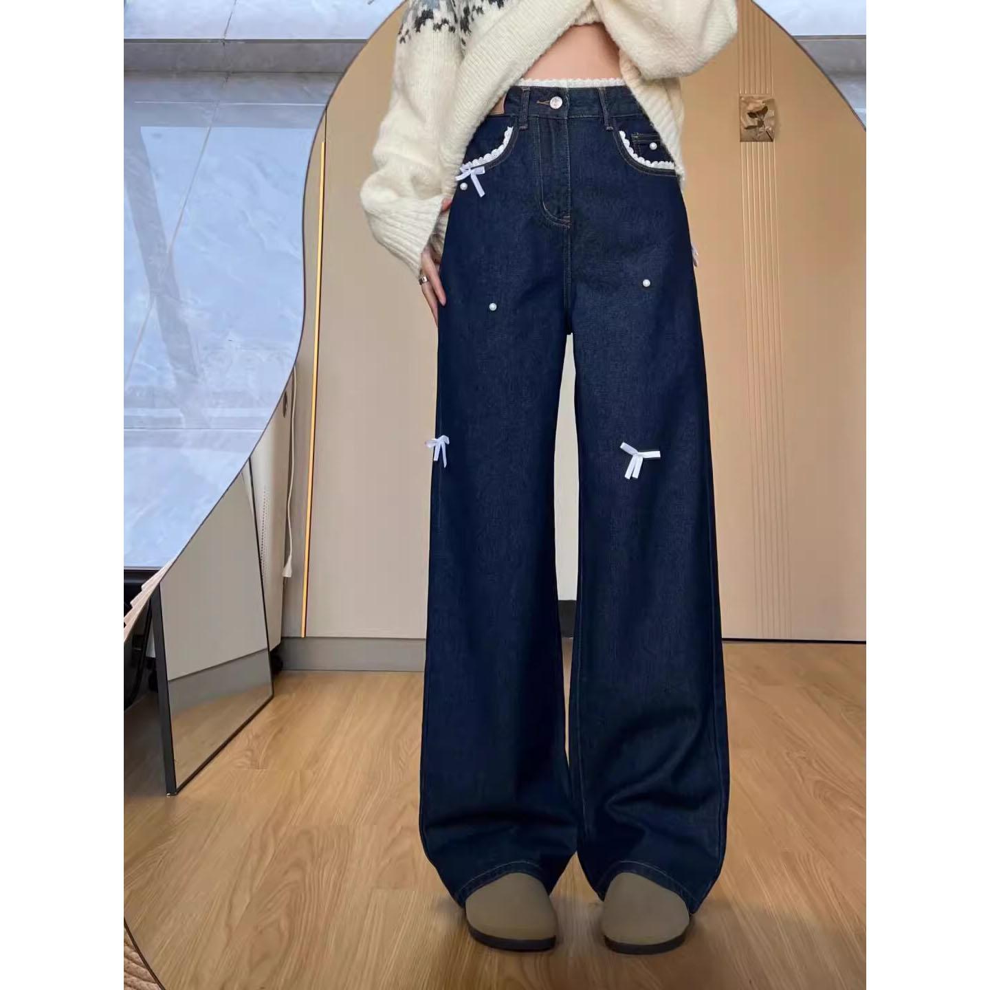 

Ретро темно-синие джинсы для женщин весна осень милый кружевной бант джинсы женские американский стиль прямые свободные широкие брюки L