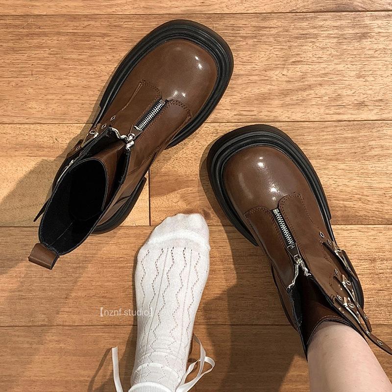 England Style Brown Thick Bottom Retro Fashion Boots Women 2024 Casual Western Cowboy Short Botas Shoes for Women Platform Boots