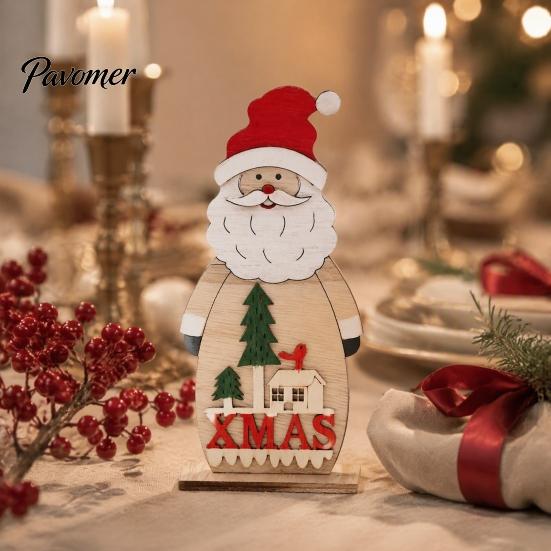 Handmade Tiered Wood Trays Nordic Style Wooden Christmas Ornaments, Cute Santa Claus/Snowman/Reindeer Party Home Accents Figurine for Holiday