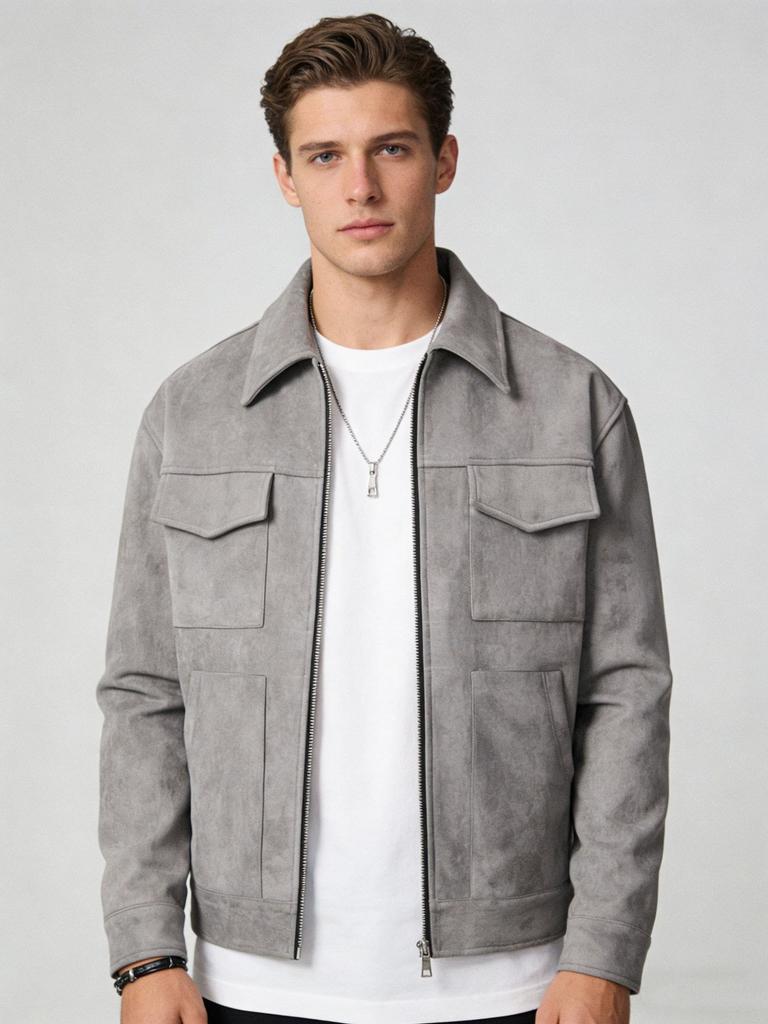 European and American men's jacket suede men's tooling zipper large pocket casual lapel spring and autumn jacket