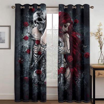3D Print Modern Valentine's Day Rose Skull Black Couple 2 Pieces Shading Window Curtains for Living Room Bedroom Home Decor Hook