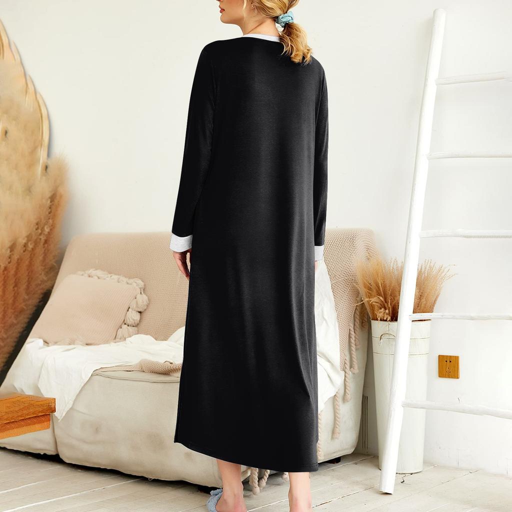 Women's Nightgown Long Housecoat V Neck Pajama Dress With Pockets