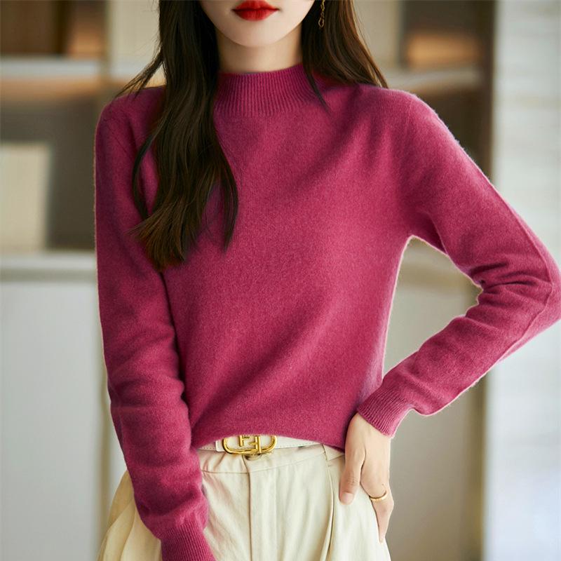 24 Early Autumn Seamless Knit Pullover Sweater with Long Sleeves and Half High Neck