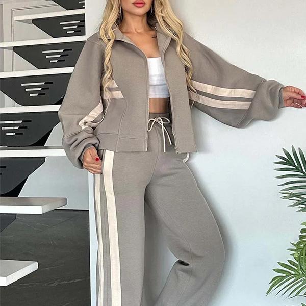 Spring/Fall Striped Zipper Top Women's Casual Sports Set