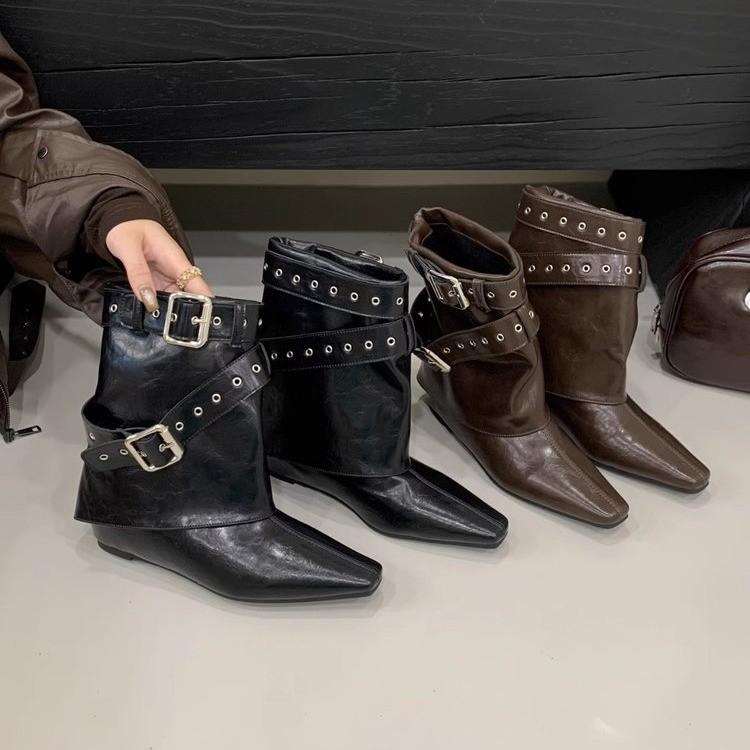 2025 autumn and winter new pointed rivet western boots women's knee short trouser boots belt buckle thick heel thin boots