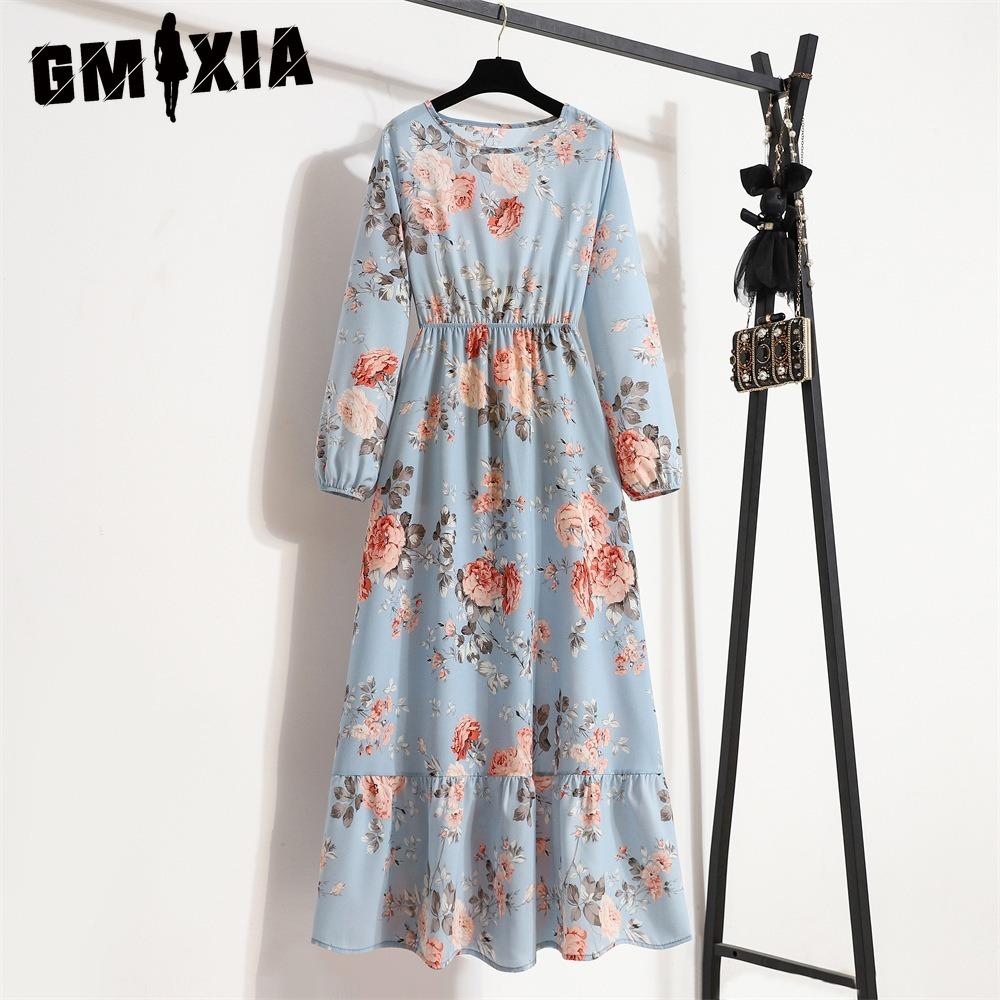 GMXIA Spring Summer Bohemian Women Maxi Dress Casual Long Sleeve High Waist Beach Dress Women Floral Chiffon Dresses Vestidoes Mujer New