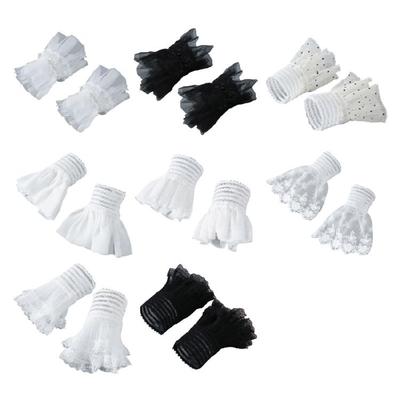 Elegant Lace Wrist Cuff False Sleeves Jabot Costume Accessory White Ruffled Brim Pearls Button Lace Wristband