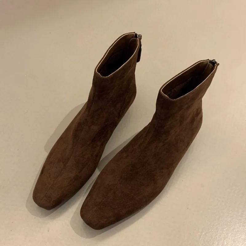 Ghete de damă până la gleznă din piele întoarsă, călduroase, cu vârf pătrat, din piele, de zăpadă, de marcă, cu pluș, din bumbac, la modă, Chelsea, cu toc mic, fashion, confortabile, botine de damă