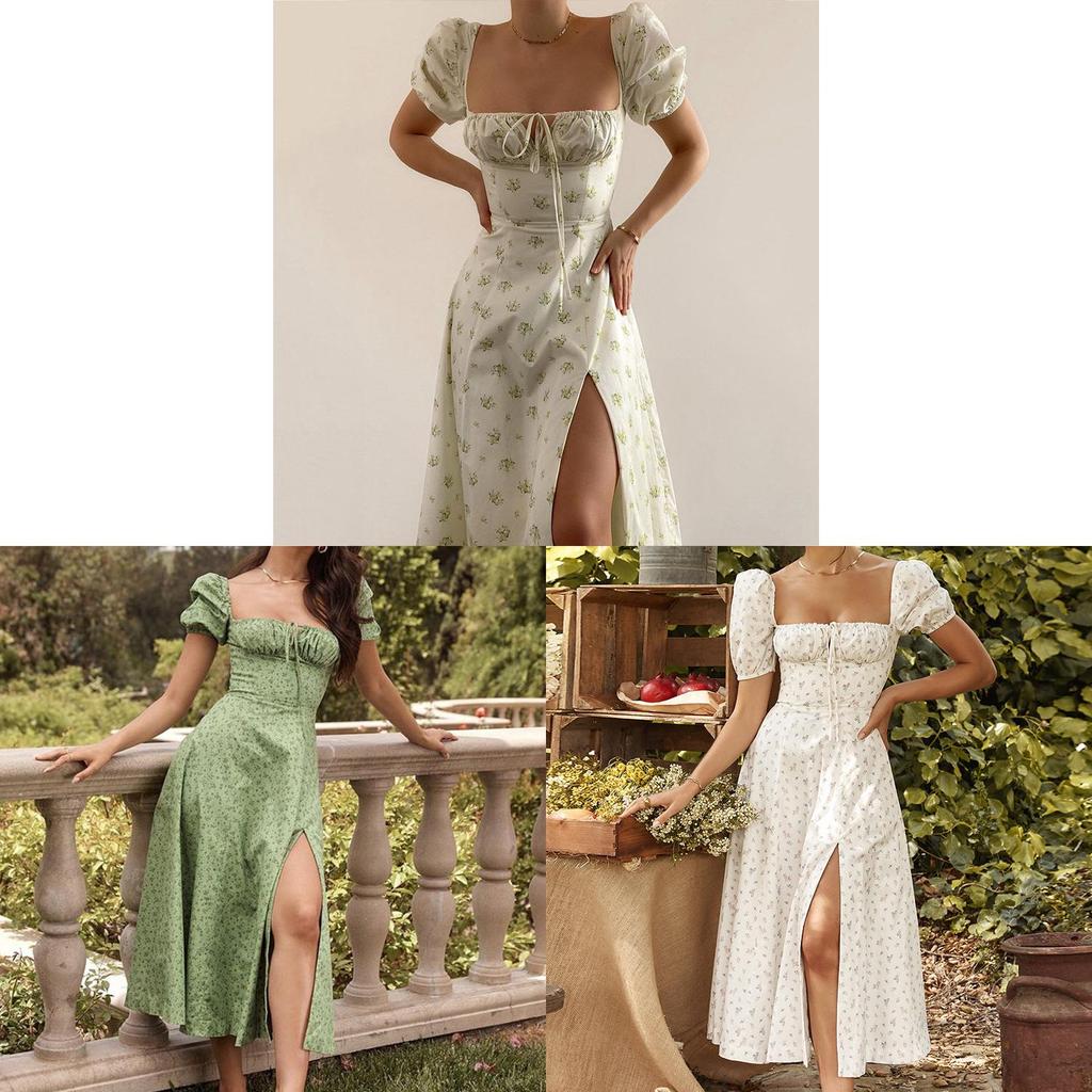 French Floral Print Sleeveless Midi Dress With Side Slits For Summer Casual Women