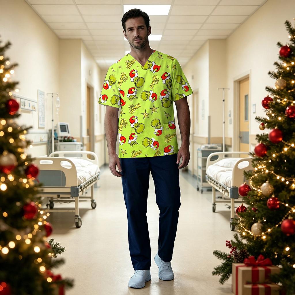 Men's Short Sleeve V-Neck Christmas Print Uniform Top with Chest Pocket
