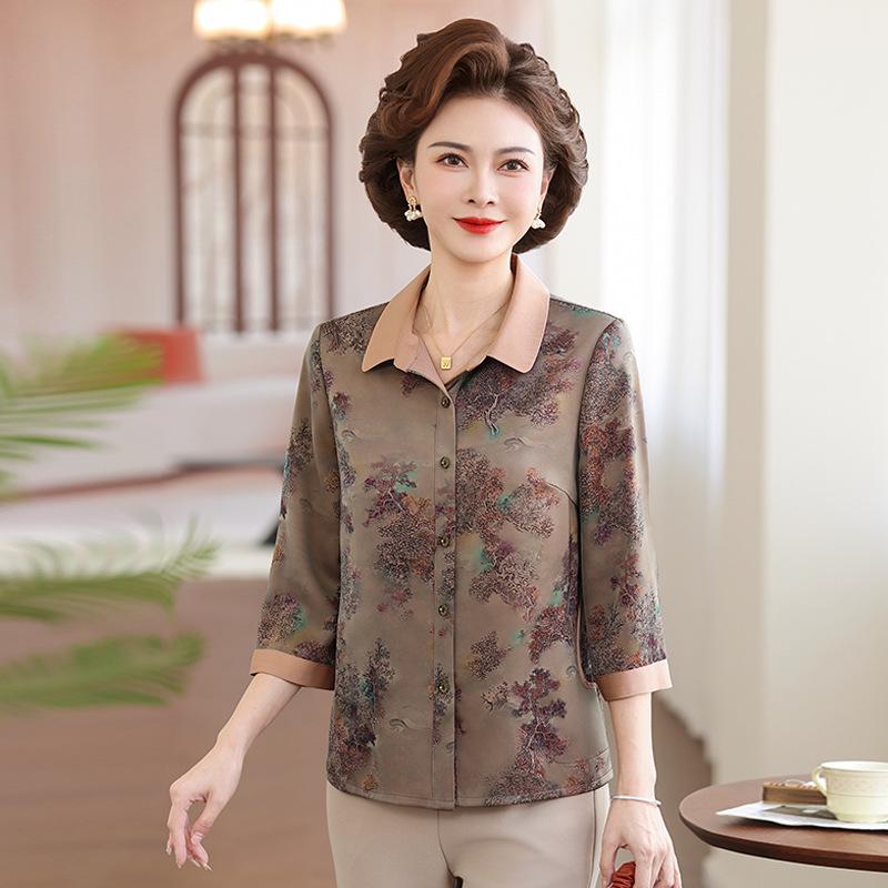 Spring & Summer Seven-Sleeve Imitation Silk Shirt for Middle-Aged & Elderly Women