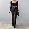 Faux Leather Maxi Skirt Solid Color High Waist Slit Hem Maxi Skirt Windproof Velvet Lining Straight Fit Long Skirt