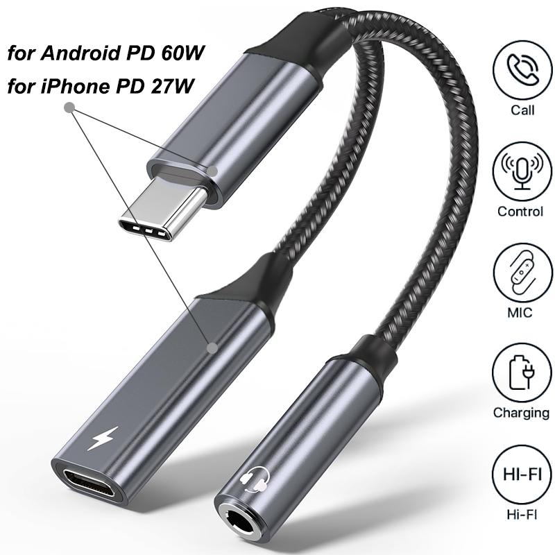 2 In 1 Type C Audio Adapter PD 60W Fast Charging USB C To 3.5mm Jack Adapter for 15/16 Samsung Huawei