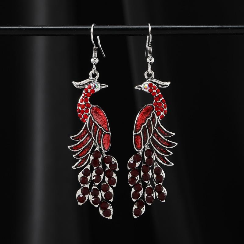 New Chinese retro ethnic style peacock painted earrings exquisite diamond-encrusted long fringed earrings high-end earrings women