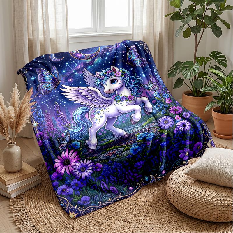 Winged Unicorn In Fantasy Garden Theme Blanket Lightweight Warm Flannel Blanket Decorative Throw Blanket for Home Decoration