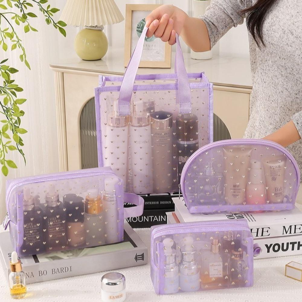 Fashion Portable Cosmetics Storage Bag Mesh Heart Makeup Bag Toiletries Bag Women