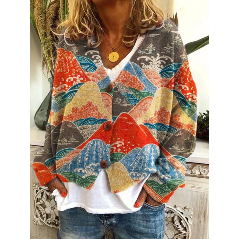 Womens Christmas Print V-Neck Open Front Cropped Long Sleeve Knit Sweater Loose Fit Casual Style