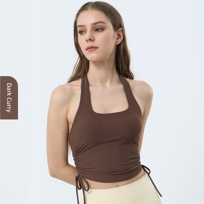 With Chest Pad Export Amoi Open Back Women's Drawstring Sports Vest Halterneck Running Top Yoga Workout Vest