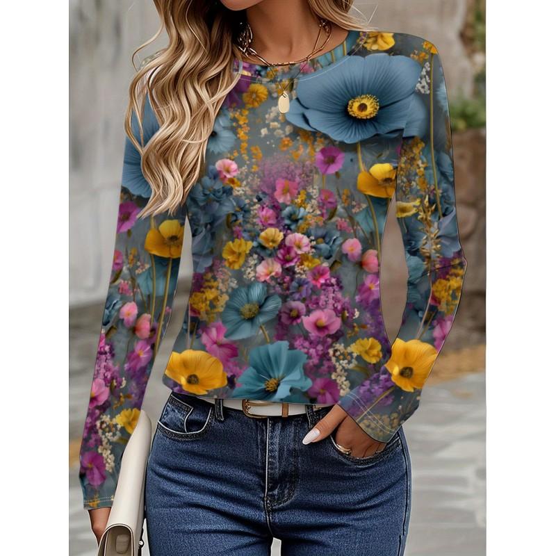 Womens Long Sleeve Crew Neck T-Shirt With 3D Flamingo Print Soft Milk Silk Fabric Loose Fit Casual 2025