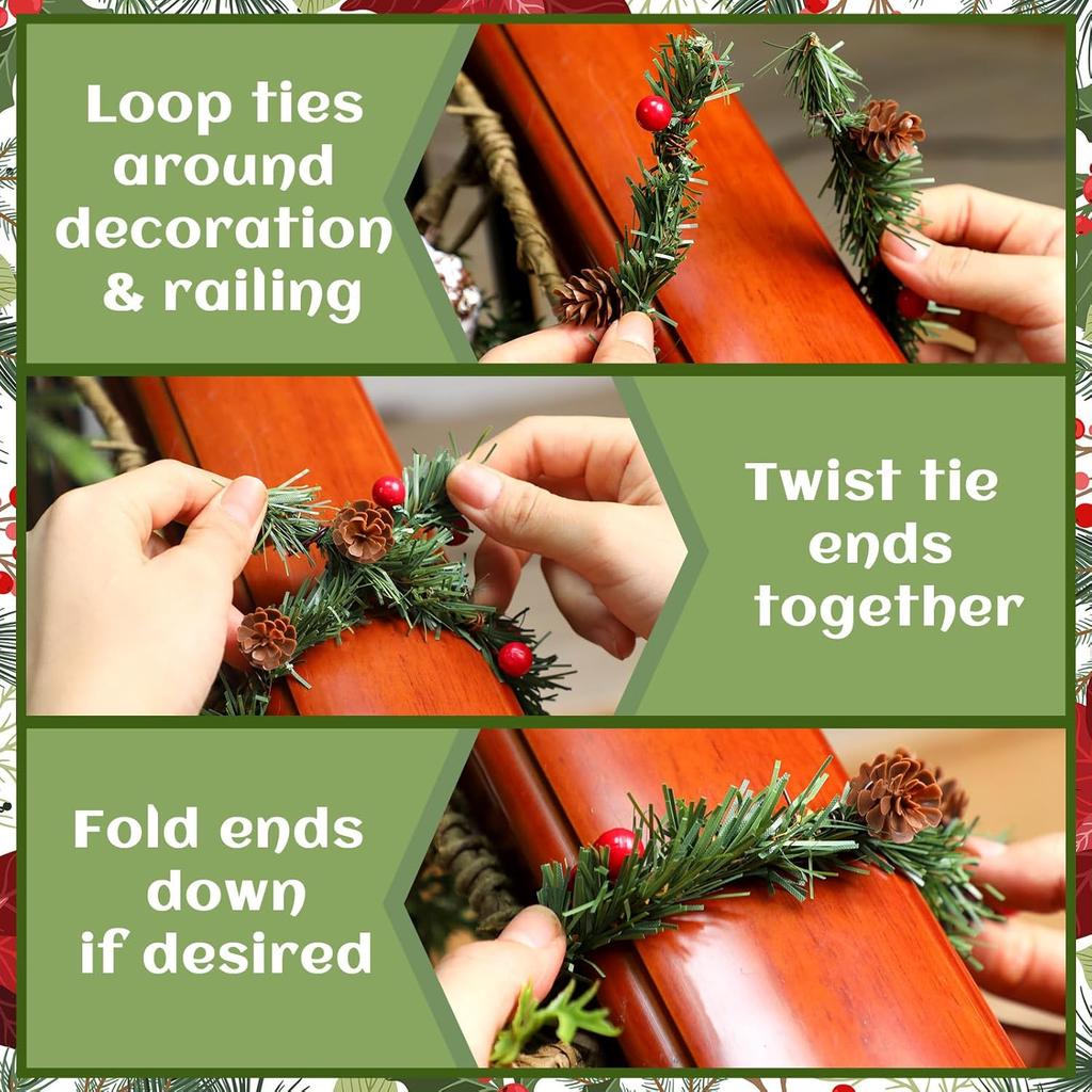 24 Pcs Christmas Garland Ties with Red Berries & Pine Cones for Holiday Decor