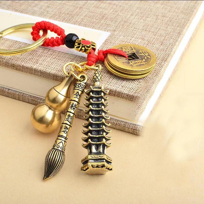 Vintage Lucky Finely Crafted Pure Copper Gourd With Five Emperors CoinsKeychain Charm Feng Shui Keyring Wealth-Attracting Decor