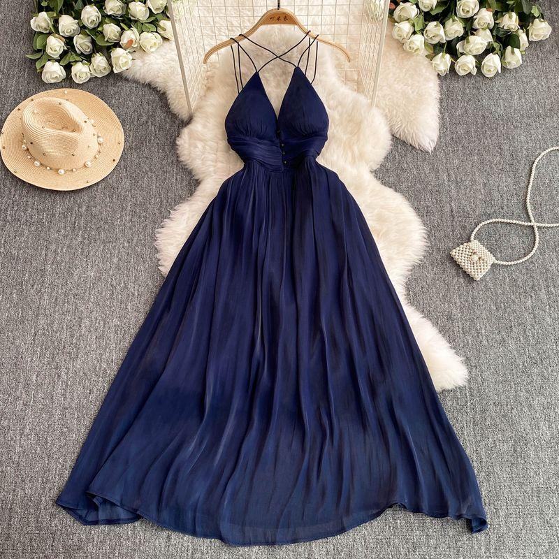 

Gentle Halterneck Backless Waist Trimming Slim Looking A- line Large Hem Dress Seaside Holiday Beach Dress Elegance Long Dress Royal Blue L