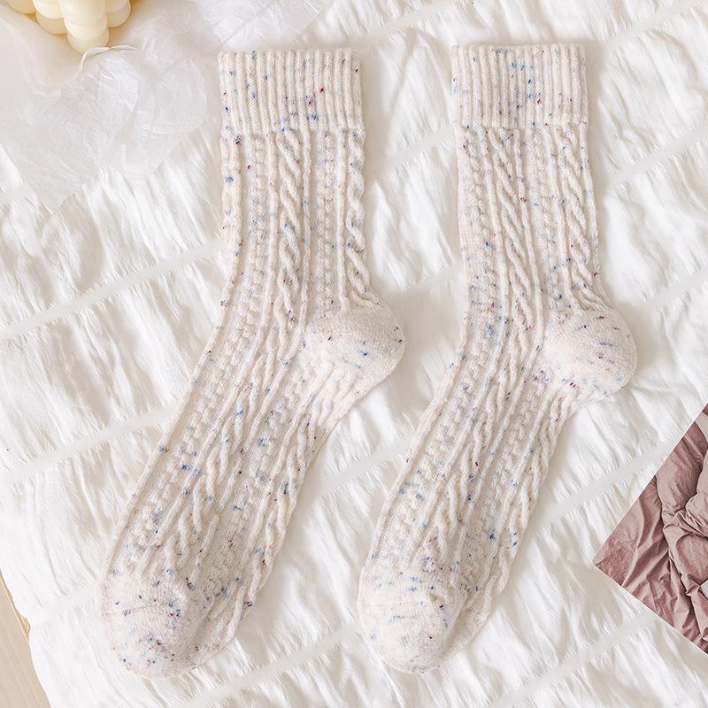 Wool Socks Children'S Season Mid-Tube Socks Versatile Solid Color Retro Twist Pattern Fleece Thickened Warm Pile Socks Women