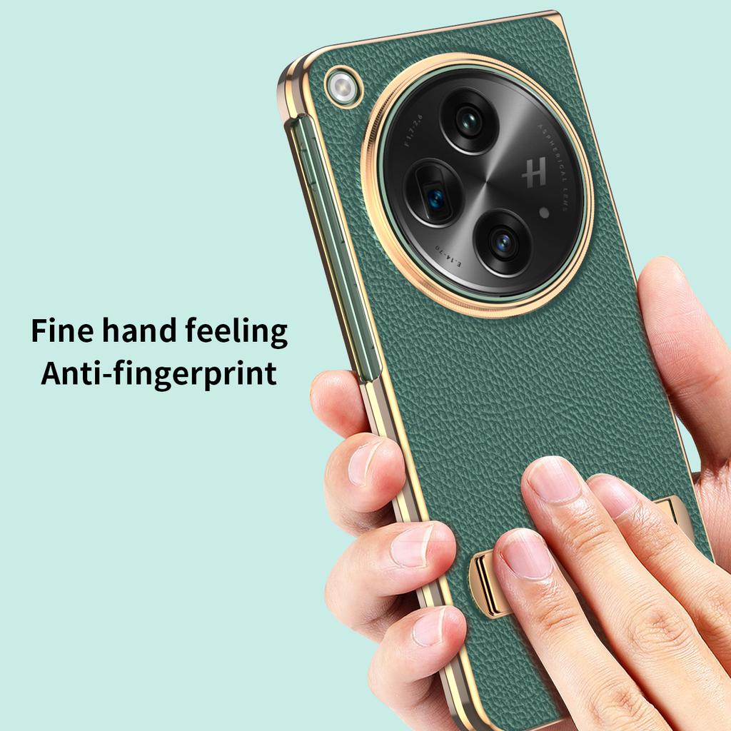 For OnePlus Open Case Litchi Texture Leather+PC Phone Kickstand Cover with Tempered Glass Film