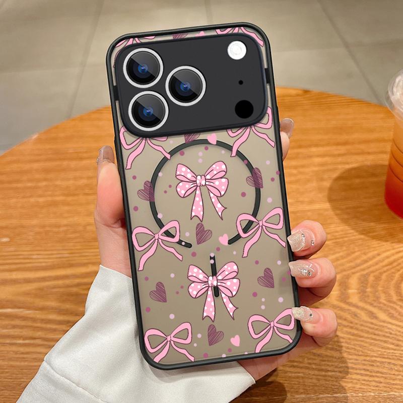 Coque Magnétique Motif Laçage Rose Pour iPhone 17 17e 16e 16 15 Pro 14 13 Pro Max Pour Magsafe Coque Rigide en PC Mate Translucide