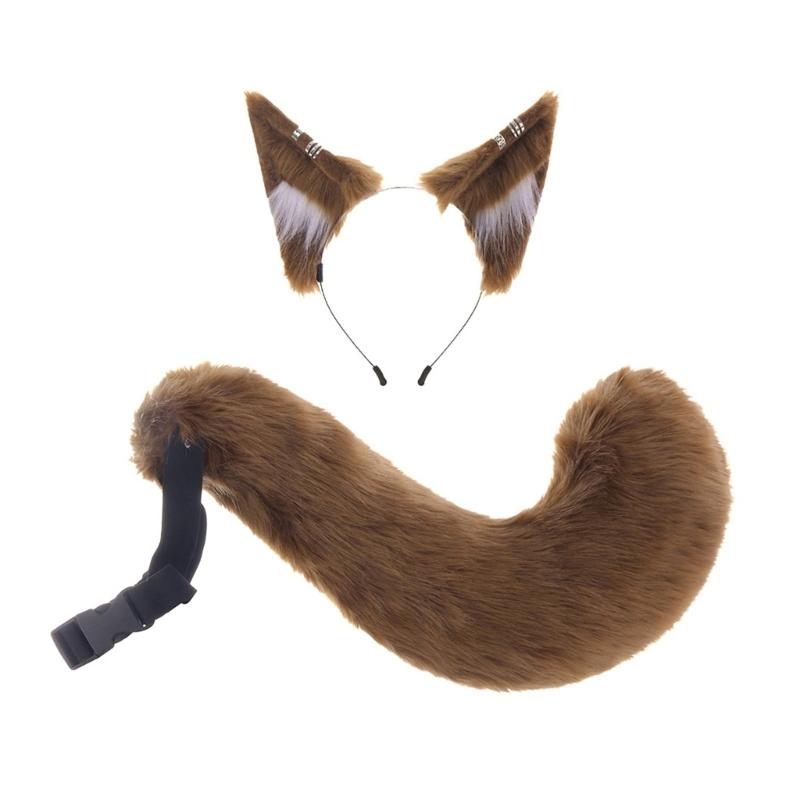 A52E Cats Wolf Foxes Ears Headband Furry Foxes Tail Plush Animal Ear Headband Tail
