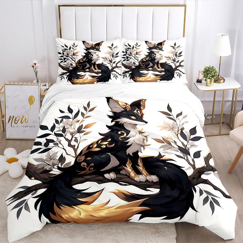3pcs Black Cool Fox Bedding Set Includes Quilt Cover and Pillowcases, Suitable for All Seasons L006