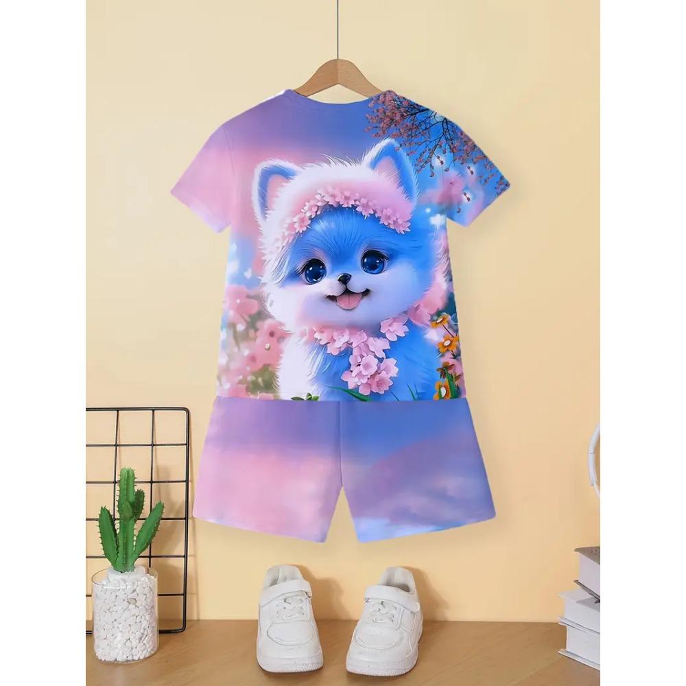 Children's Cat T-Shirt Shorts Set Summer Casual Girl Clothes Short Sleeve Kids Sets for Children Tops Outdoor Sport Girl Outfits