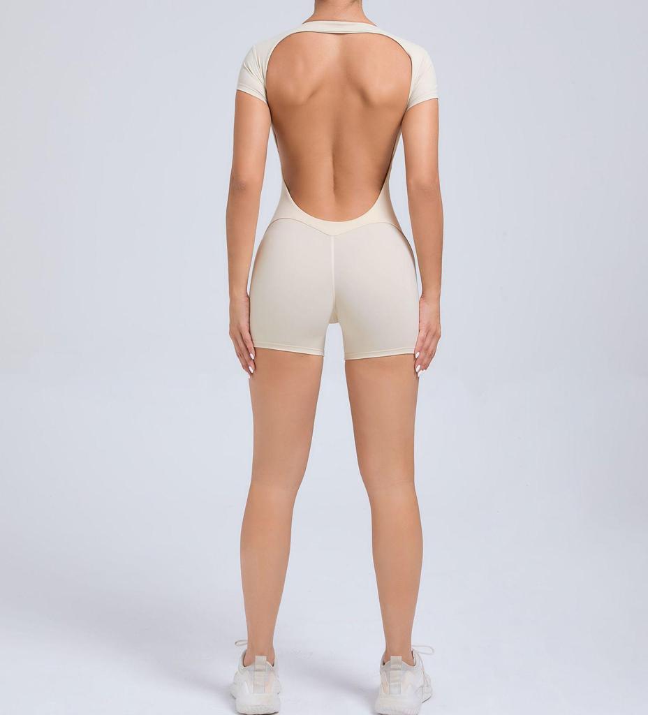 European & American Backless Peach Hip Tight Yoga One-Piece - Short Sleeve for Dance, Fitness & Sports